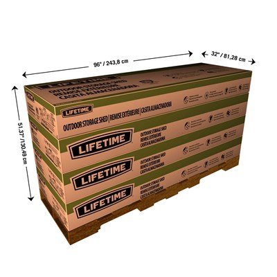 Lifetime 20x8 ft. storage shed shipping boxes stacked on a pallet.