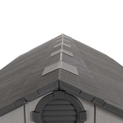 Close-up of the Lifetime storage shed's roof peak and gable vent detail.