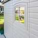 Close-up of the Lifetime storage shed's window detail.