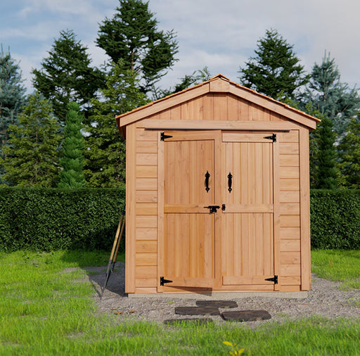 Elegant 6x3 Spacemaster wooden shed with antique-style hardware, showcased in a garden.