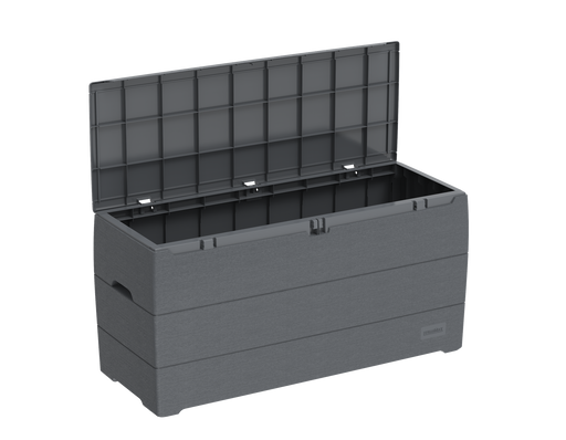 Gray Duramax 270 Liter Outdoor Storage Box, open and ready for use in a garden setting.