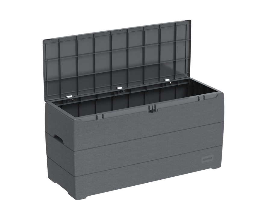 Gray Duramax 270 Liter Outdoor Storage Box, open and ready for use in a garden setting.
