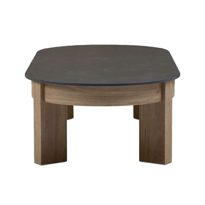Stratton 55 outdoor coffee table front view wood-look aluminum frame