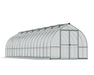 Streamlined silver frame of the Canopia Bella 8' x 32' Greenhouse in a cutout view