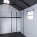 Interior view of the Lifetime 8x10 Shed featuring vertical siding and storage shelves.