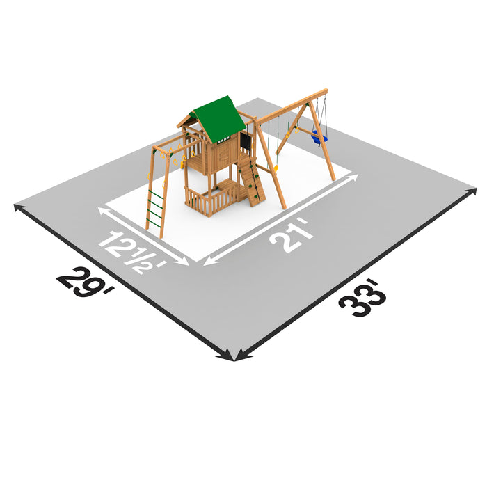 Play zone and measurement layout of Playstar Summit Bronze Playset for safe and spacious backyard setup.