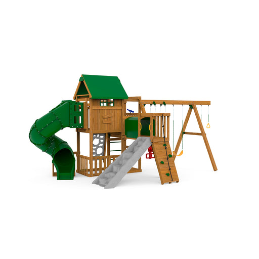Wooden Summit Gold outdoor playset by Playstar with slide, swings, and clubhouse for backyard adventure and active play.