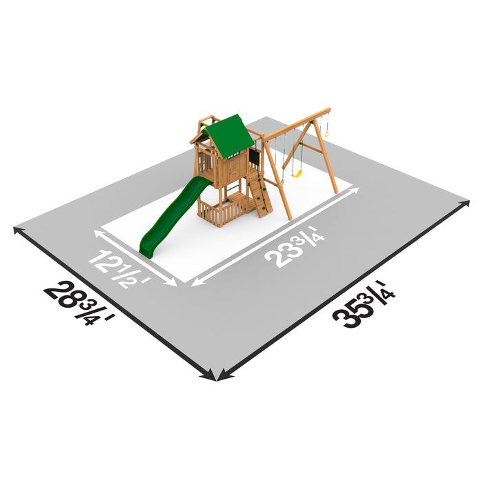 Play area dimensions and layout for Playstar Summit Silver Playset including swing set and slide zone.