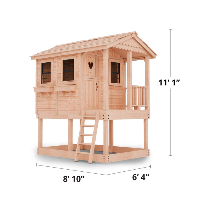 Dimension diagram of the Outdoor Living Today Sunflower Playhouse 6x9 showing height of 11’1” and full porch and sandbox base measurements
