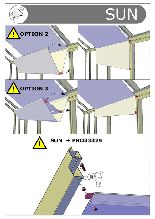Illustration of Exaco Fixed Shadecloth installation with multiple setup options, showing mounting methods and connection points for greenhouse shading.