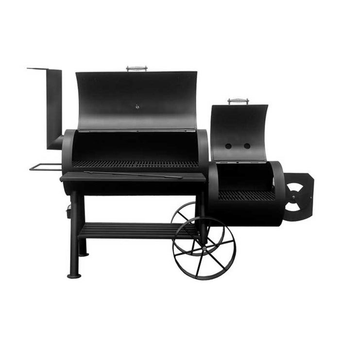 The Sunterra Outdoor BBQ Smoker 20" Yosemite Grill with the lid open, revealing its spacious grilling section and firebox for optimal cooking.
