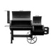 The Sunterra Outdoor BBQ Smoker 20" Yosemite Grill with the lid open, revealing its spacious grilling section and firebox for optimal cooking.
