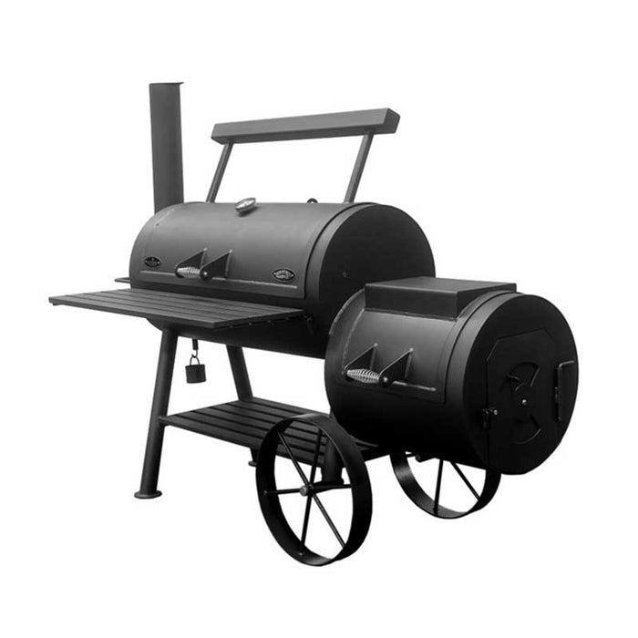 Profile view of the Sunterra 20" Yosemite BBQ Smoker with an open lid, showing the firebox and grilling area.
