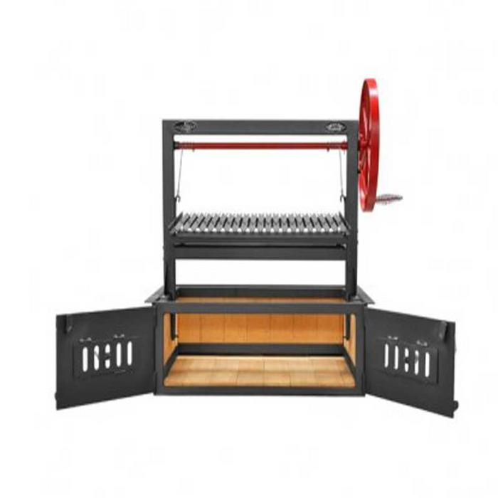 The Sunterra 36" BBQ Grill with the adjustable cooking grate lowered to allow easier loading and unloading of food.