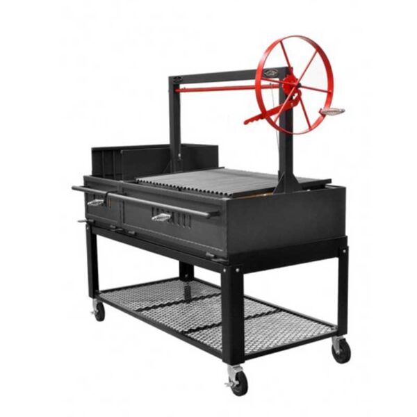 Side view of the Sunterra Outdoor Argentine Side Brasero Grill 60in with cart, showing the large grilling surface and red wheel mechanism.