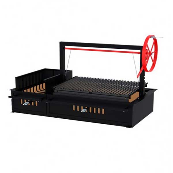 Angled view of the Sunterra 60in Argentine Side Brasero Grill without cart, highlighting the grill grates and red wheel mechanism.