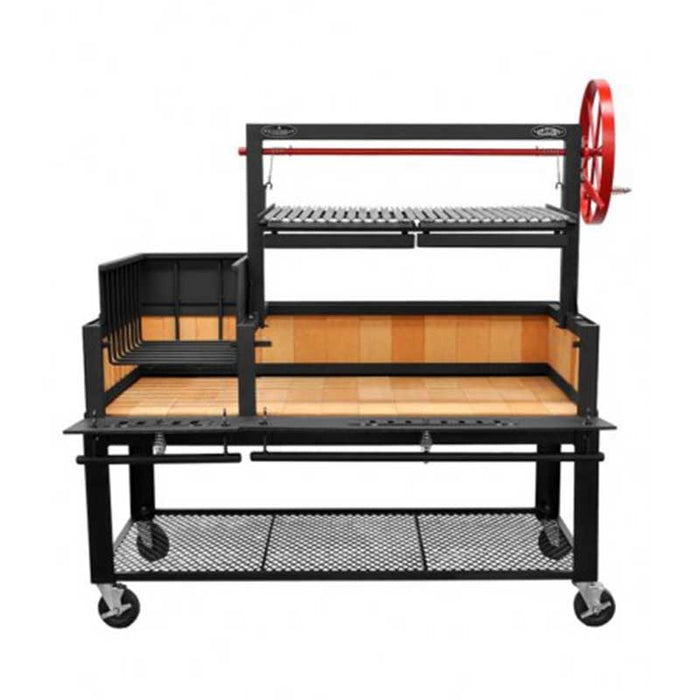 Angled view of the Sunterra Outdoor Argentine Side Brasero Grill 60in with cart, showcasing the red wheel and storage features.
