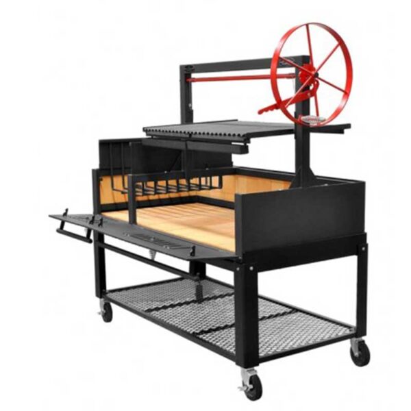 Open storage view of the Sunterra 60in Argentine Side Brasero Grill with cart, highlighting the compartments and grill grates.