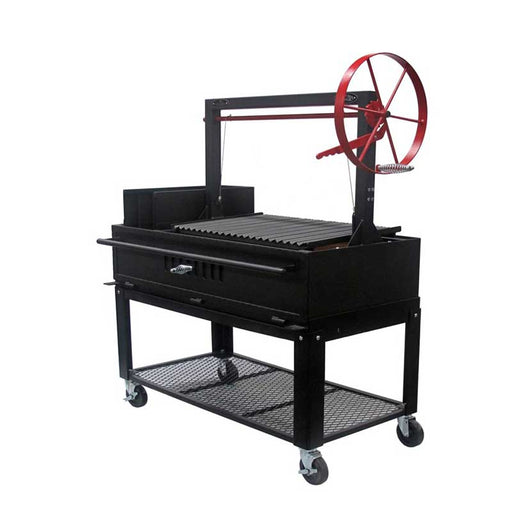 Side view of the Sunterra Outdoor Argentine Side Brasero Grill 48in with cart, showing the metal frame, red wheel, and grilling surface.