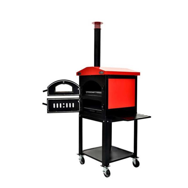 Sunterra Outdoor Wood Fired Oven with red cart and open door, ideal for easy access and efficient cooking.