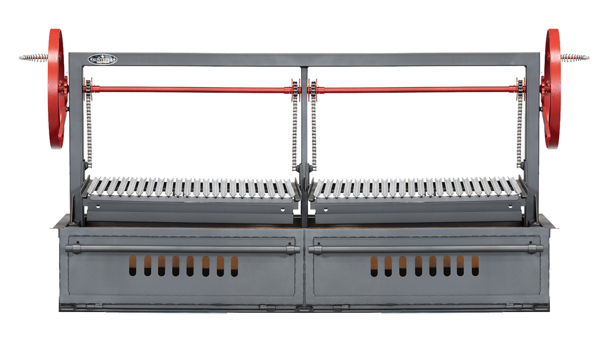 Santa Maria BBQ Grill (SM72-2G) from Sunterra Outdoor showing dual red flywheels, two wide adjustable grates, and vented firebox base