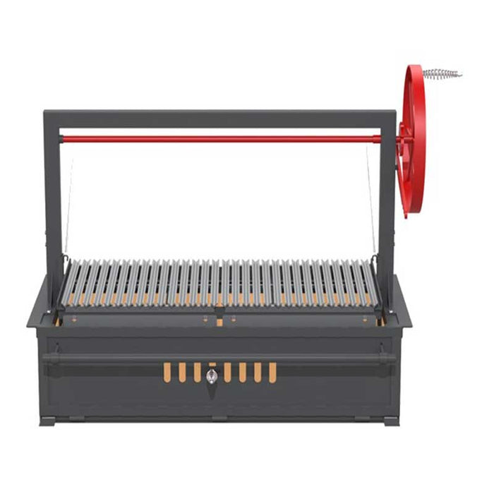 Straight-on front elevation of the Santa Maria 48-inch BBQ grill by Sunterra Outdoor with a visible red flywheel and V-groove grill grates.