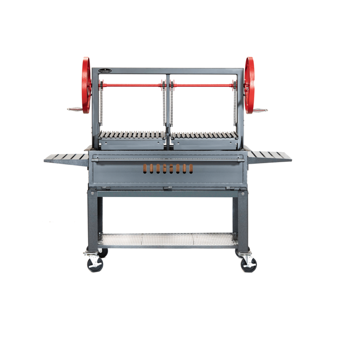 Sunterra Outdoor Santa Maria BBQ Grill on cart with dual red crank wheels, adjustable grates, side shelves, and casters 