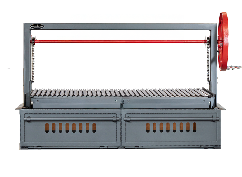 Front view of Santa Maria BBQ Grill (SM60-1G) by Sunterra Outdoor with single copper crank wheel and adjustable grate over vented firebox
