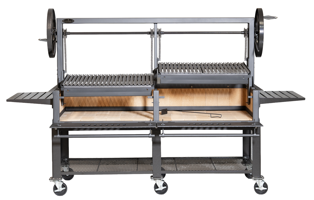 Sunterra Santa Maria BBQ Grill with cart showing firebrick-lined interior, dual adjustable grates, fire tools, and open storage base (SM72-2GC)