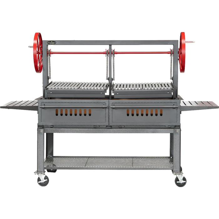 Front view of Sunterra Outdoor Santa Maria BBQ Grill with cart, dual red flywheels, adjustable grates, and lower storage shelf