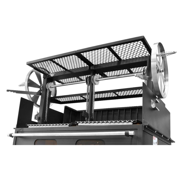 Sunterra outdoor top resting shelf mounted above flywheels, shown from an angle view highlighting its sturdy design.