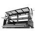 Sunterra outdoor top resting shelf mounted above flywheels, shown from an angle view highlighting its sturdy design.