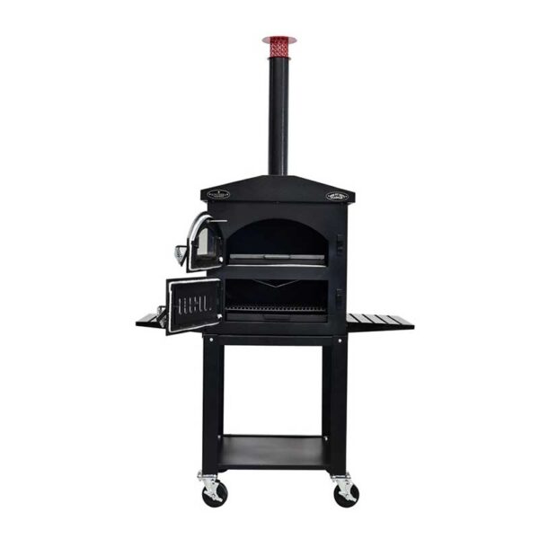 Side view of the Sunterra Outdoor Wood Fired Oven mounted on a sturdy cart