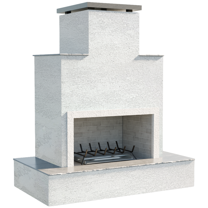 Front view of the Cal Flame Escape Fireplace Tahiti variant with stucco exterior and firebox.