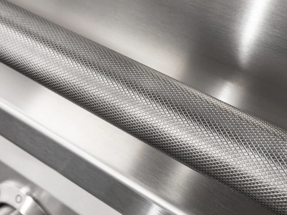 Detailed textured stainless steel handle of the NewAge Outdoor Kitchen Platinum Grill, offering a secure and stylish grip.