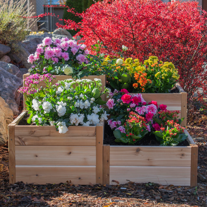 Corner Tiered Raised Garden Bed by Outdoor Living Today filled with kalanchoe and azalea blooms in pink, white, yellow and red on bark mulch