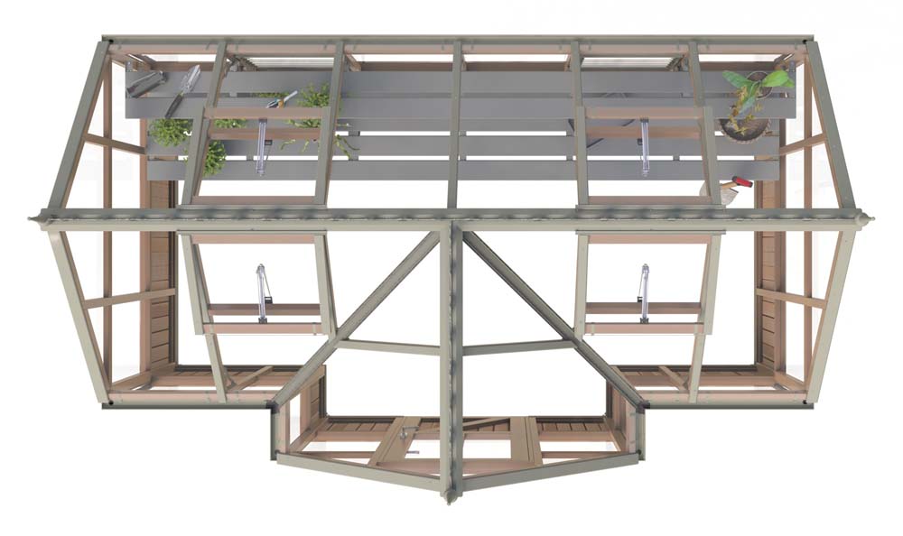 Top view of the Alton Cedar 7x12 Durham greenhouse, showcasing the roof layout, openable vents, and interior shelving