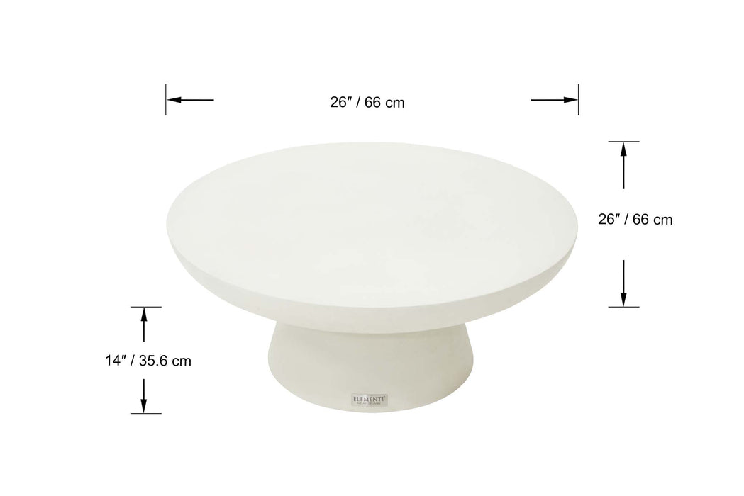 Top view of Elementi Kylix Series small coffee table in cream white with dimensions labeled, highlighting its compact round shape and size.