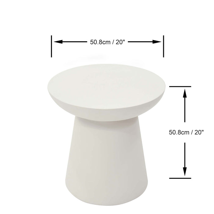 Top view of Elementi Kylix Series large side table in cream white with dimensions labeled, showcasing its round tabletop and ergonomic shape.