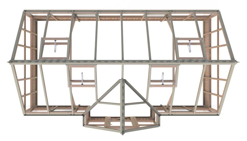 Top-down view of the structural design of the Alton Cambridge 9x16 Greenhouse, showcasing its framework and roof ventilation.