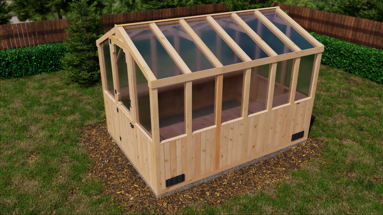 top rendered view of the 8x12 cedar greenhouse from outdoor living today