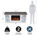 Real Flame Tramore electric fireplace TV stand dimensions: 62W x 27.75H x 18.25D inches, 112 lbs, ships in 2 boxes, assembly required, with human silhouette for scale