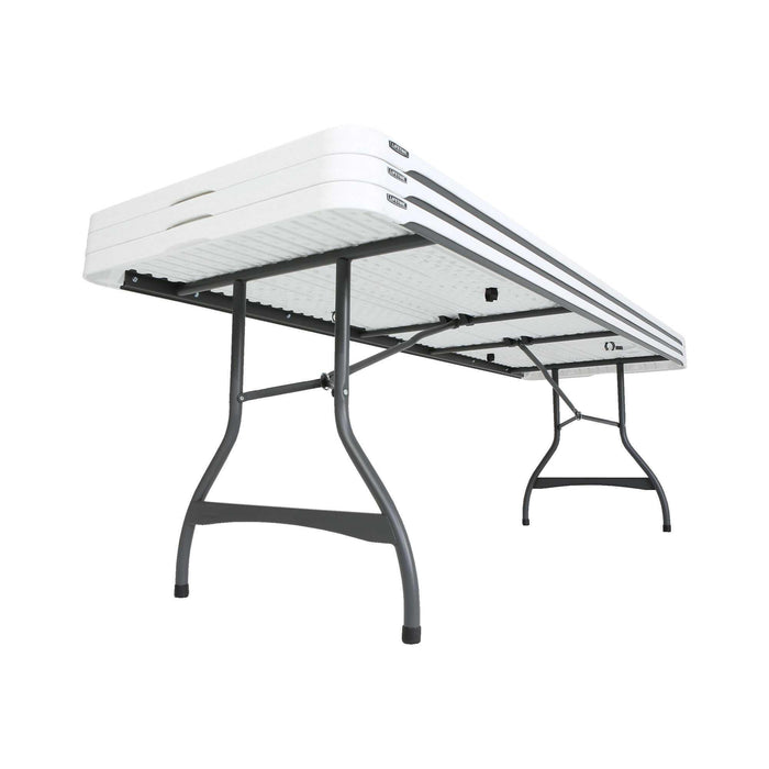 Underside detail of 8-Foot Rectangle Nesting Table from Lifetime 27 Pack showing folding steel leg mechanism