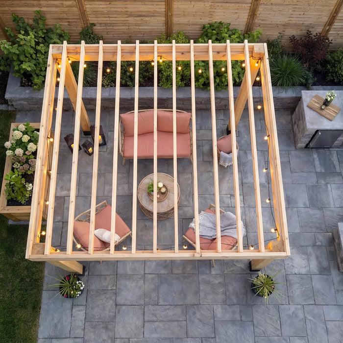 Top-down view of Urban Escape 10x10 cedar pergola showing open slat roof and seating layout