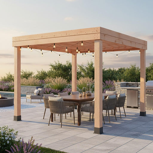 Outdoor Living Today Urban Escape Pergola Kit with string lights over an outdoor dining set beside a pool and outdoor kitchen at dusk