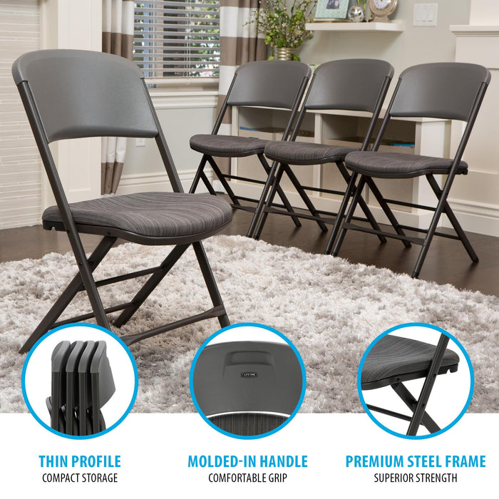 Lifetime 4 Pack Padded Folding Chair in urban gray highlighting thin profile storage and premium steel frame.