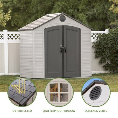 Lifetime 8x5 ft. storage shed feature callouts: UV protected, shatterproof window, and screened vents.