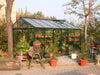 Exterior of Exaco Janssens Large Royal Victorian VI 46 greenhouse with green aluminum frame, glass panels, and potted plants arranged outside and inside.