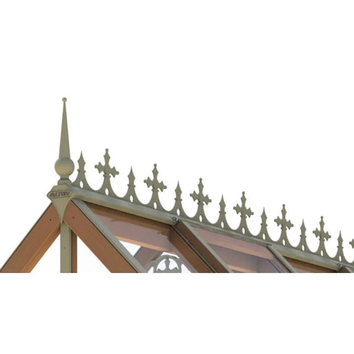 The Alton Cedar Structure Victorian Accessories - ADD ON Only by Alton Cedar Structure features decorative cresting and finial details that enhance the charm of its wood-framed glass roof, reminiscent of a classic cedar greenhouse.