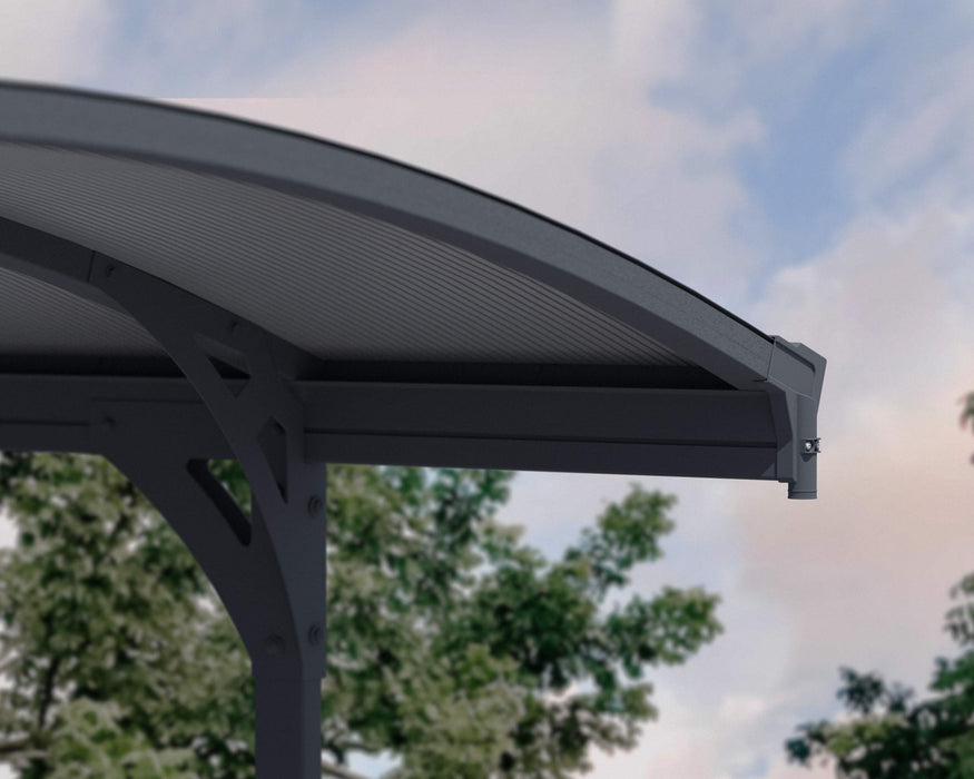 Close-up of the Canopia Vitoria 5000 10x16 Carport's roof panel system, showing the sturdy, curved design and seamless polycarbonate roof attachment.